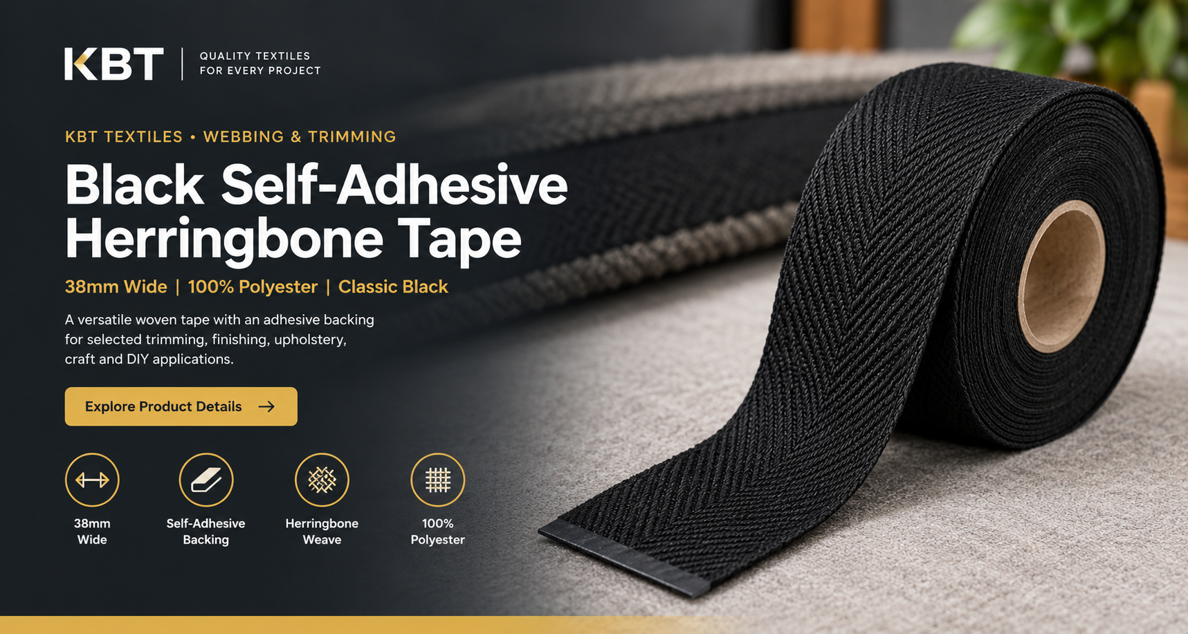 Black self-adhesive herringbone webbing tape, 38mm wide, 100% polyester