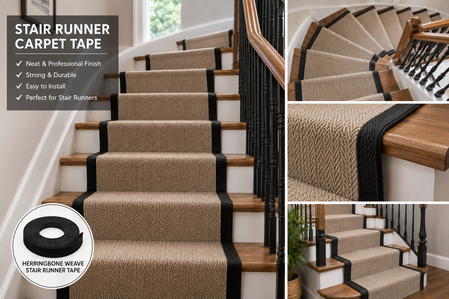 Black herringbone weave stair runner carpet edging tape
